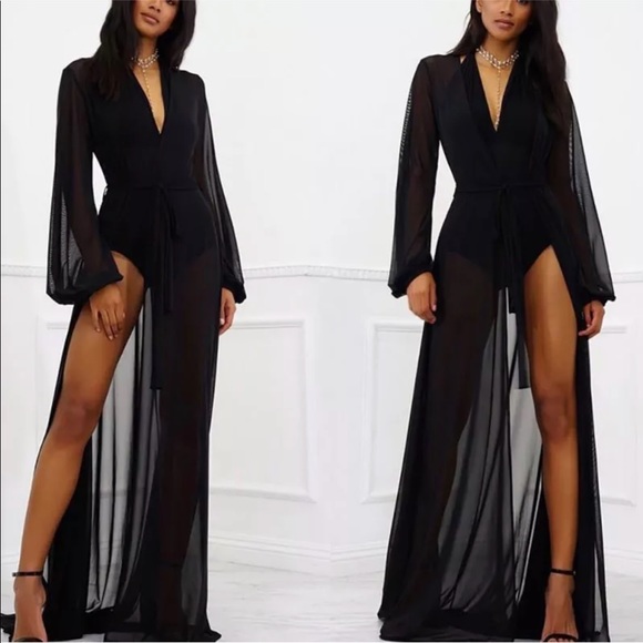 Long black robe cover up Hollywood duster sheer Long Beach bridal lingerie sexy - Picture 1 of 2